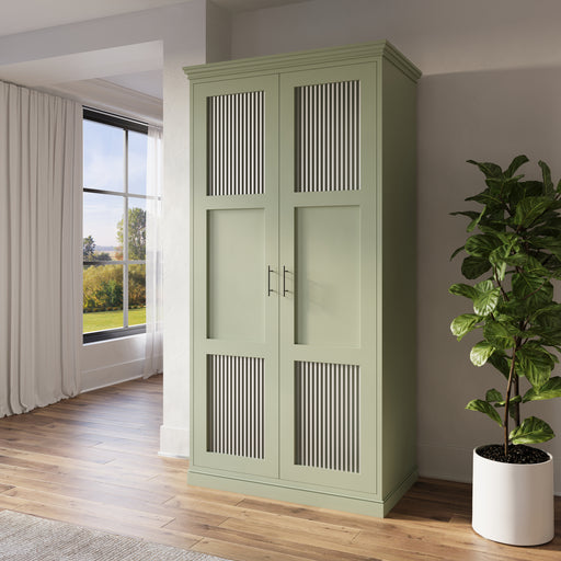 A green Elysia Shaker style double wardrobe with two doors and vertical slats on the upper part of the doors, placed in a room with a large window and a potted plant to the right.