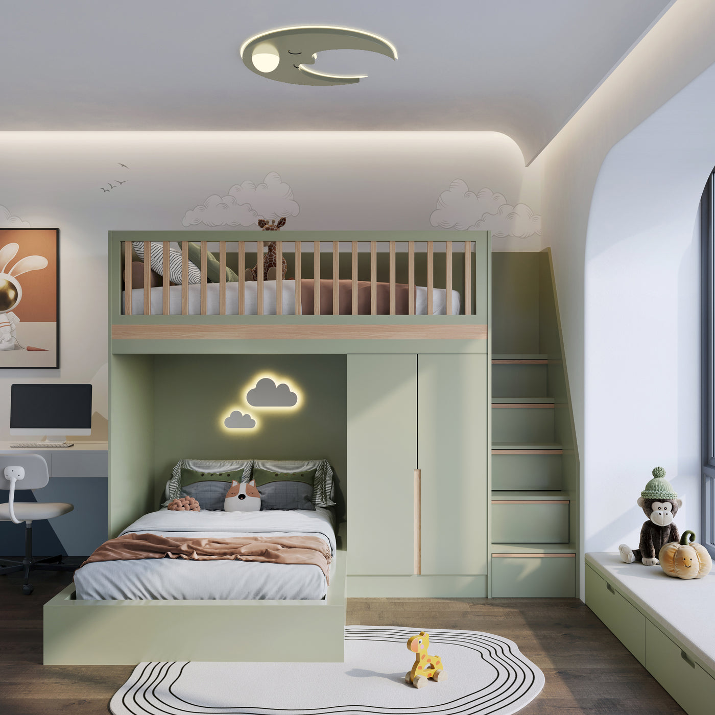 A green Valencia bunk bed with a single top bunk and a 4ft double bottom bed, featuring a solid oak railing, pull drawers, and a large wardrobe with oak inlay pull open handles. The room has a bright, airy feel with natural light and decorative cloud lighting.