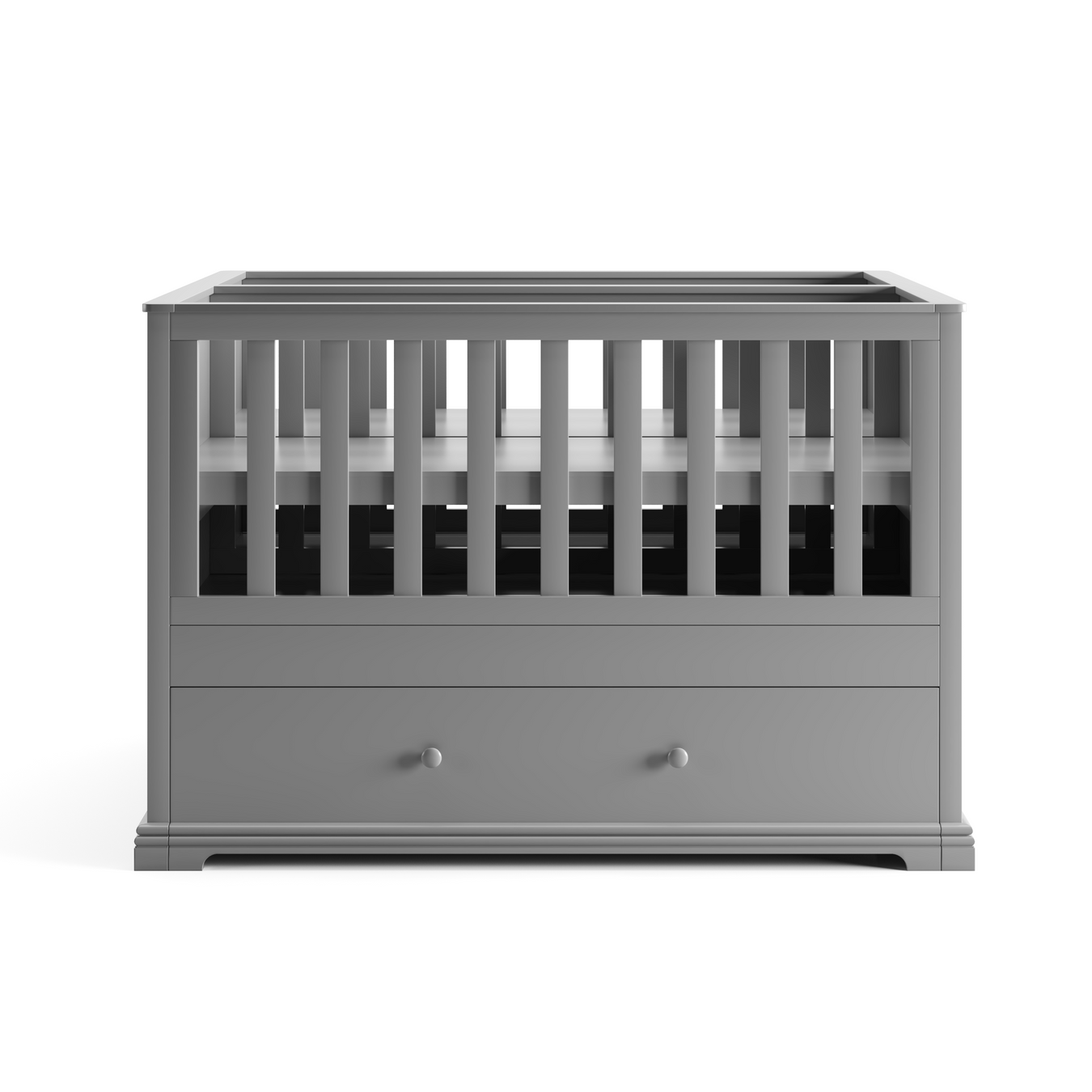 A modern gray wooden baby crib with vertical slats and a large storage drawer at the base, isolated on a white background.